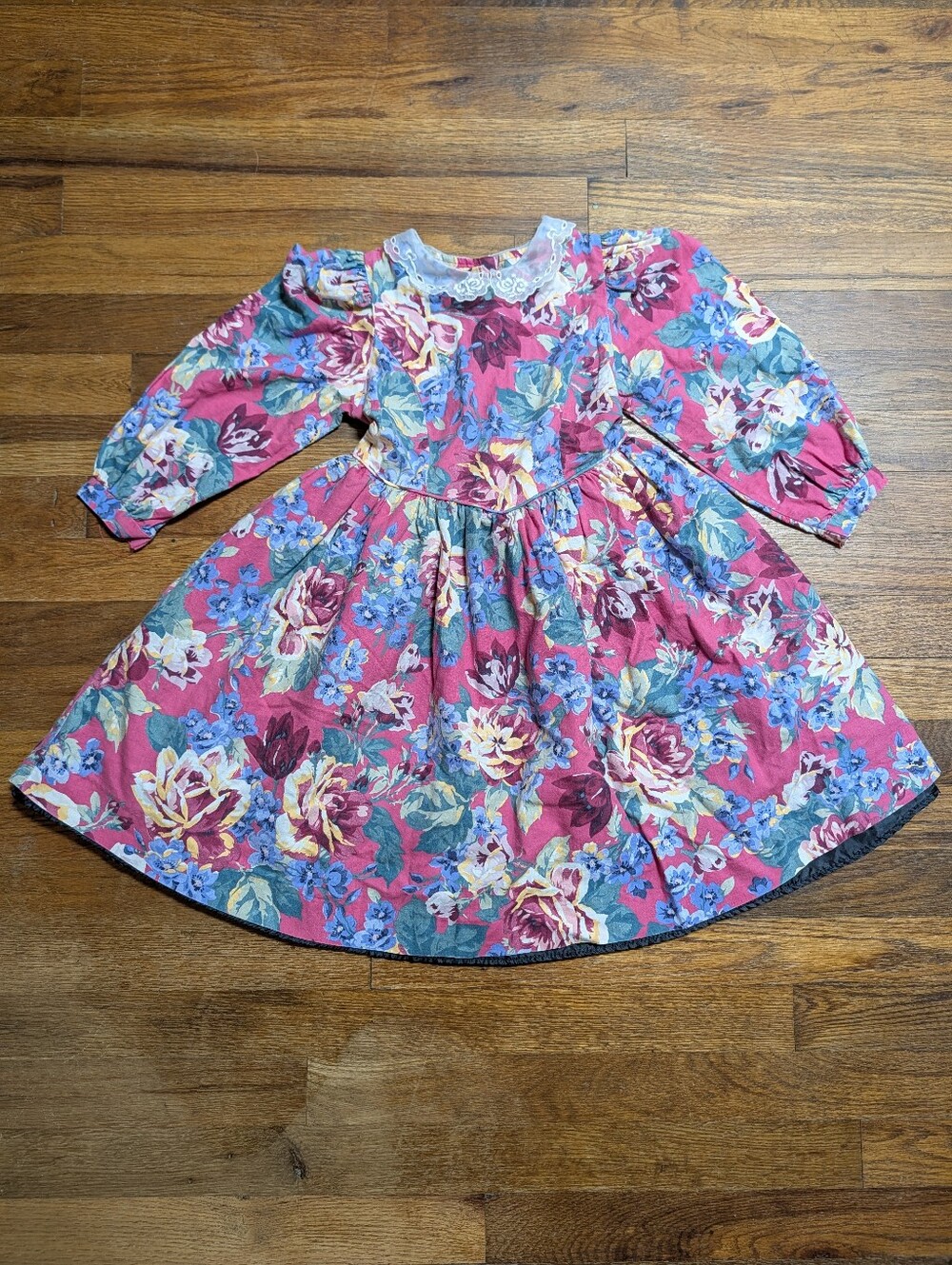 Mousefeathers Vtg Girls Dress Pink Floral Lace Collar Prairie Cottagecore 90s 5